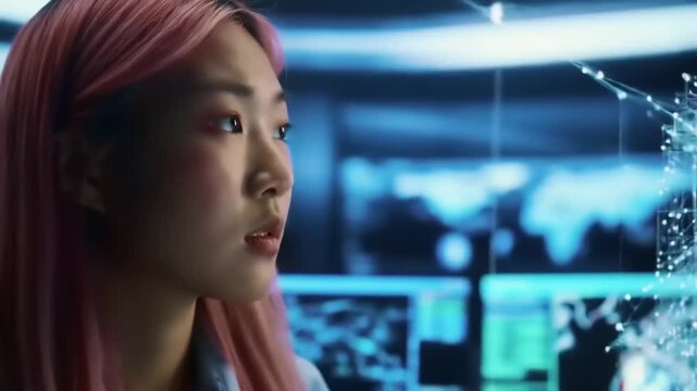 Woman with pink hair looking at futuristic screen in cyberpunk setting