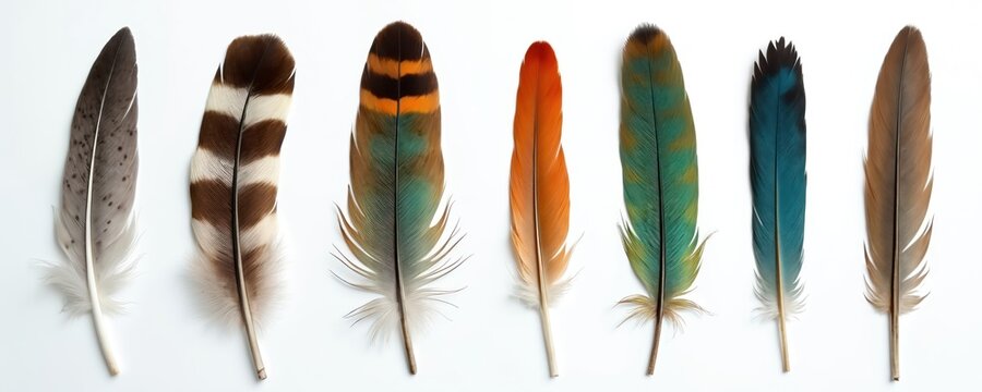 Diverse collection of vibrant feathers isolated on white backdrop. Colorful plumage from different birds arranged. Bright details showcase soft texture. Studio shot of decorative feather elements for