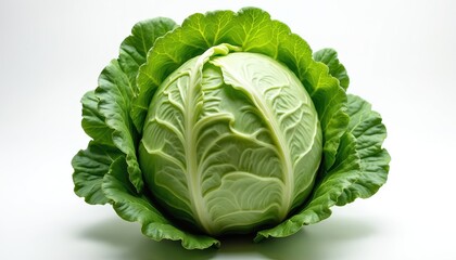 Fototapeta premium Fresh green Savoy cabbage head rests on clean white background. Vibrant leaves show natural texture. Healthy organic vegetable provides ingredients for cooking, diets, recipes. Offers wholesome