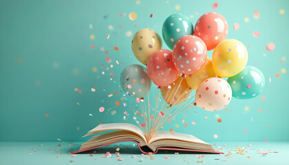 Open book releases colorful balloons and confetti into teal background. Concept of imagination creativity party and celebration. Storytelling and learning.