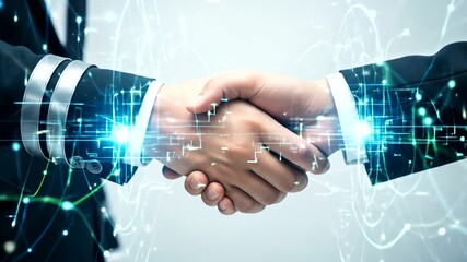 Two business professionals shaking hands in a modern office environment, digital data overlay symbolizing collaboration - Powered by Adobe