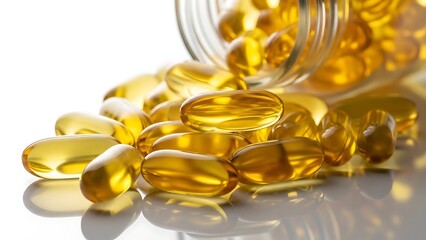 Golden capsules spill from a clear glass bottle, scattered on a reflective white surface.