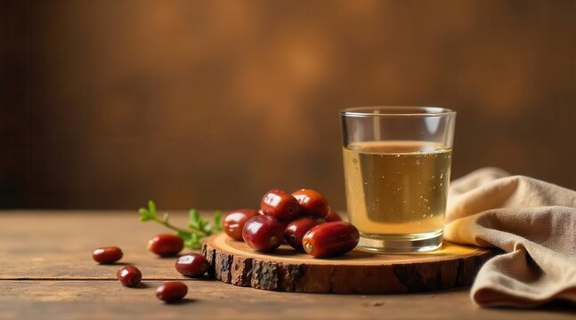 Harvested Ripe Ellipsoidal Fruits Alongside a Refreshing Amber Beverage on a Rustic Wooden Surface