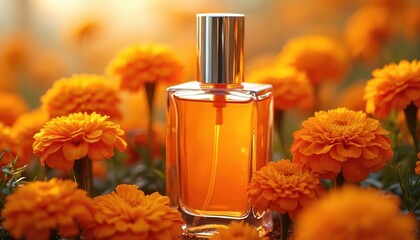 Bright perfume bottle surrounded by orange marigold flowers. Cosmetic product placed within beautiful floral arrangement. Elegant design with fresh natural elements. Ideal visual for beauty blogs