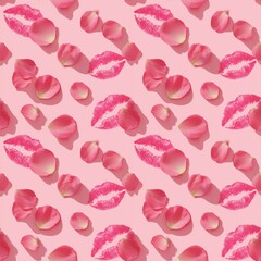 Pink Kiss Marks and Rose Petals Pattern for Valentine's Day