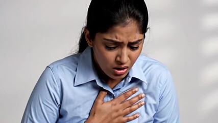 Woman Experiencing Chest Pain Looks Concerned and Grips Her Chest in Distress and Discomfort