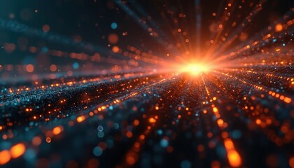Abstract glowing particles flow like data streams in cyberspace. Bright light bursts from center, creating sci-fi futuristic background. Digital information spreads across dark universe.