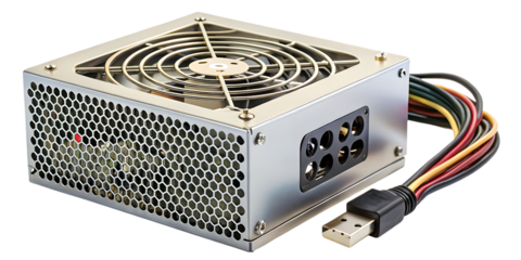 Close up view of a computer power supply with a fan and multiple colored wires on a black background on transparent background