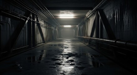 Eerie perspective of a long dark tunnel with pipes and structural supports leading into the unknown with a wet floor reflecting the dim light
