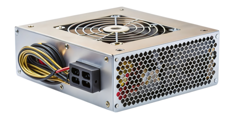 A computer power supply unit with visible fan, wires, and hexagonal ventilation on a black background on transparent background