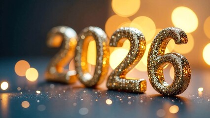 A glamorous New Year's Eve 2026 celebration concept featuring golden sparkling numbers and festive bokeh lights, reminiscent of a champagne toast at a midnight gala