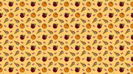 A repeating pattern of oranges apples ice cream cones and pink bows on a light yellow background