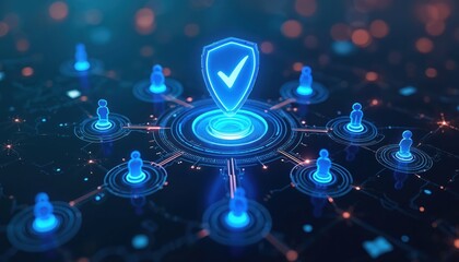Digital network with interconnected user icons radiating from a central glowing shield. Secure online data transmission graphic concept. Futuristic cyber security system illustration.