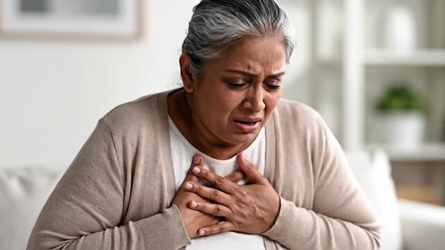 Woman Experiencing Chest Pain or Discomfort, Possible Heart Attack Risk in Doubt