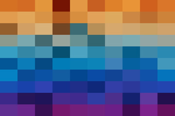 Pixelated abstract gradient with vibrant warm to cool color transition, resembling a digital sunset or sunrise over a geometric landscape.