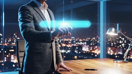 Man uses a virtual search bar in his office at night. This man, a businessman, is using a futuristic interface for an online search. His finger interacts with the holographic interface in the office. - Powered by Adobe