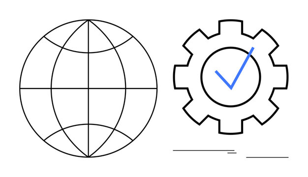 Globe with latitude and longitude lines alongside a gear with a blue checkmark emphasizes global connection, process automation, and system reliability. Ideal for technology, business operation