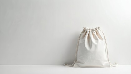 Minimalistic canvas drawstring bag stands on clean white surface. Simple accessory for everyday use, perfect for branding or personalizing with custom designs. Eco friendly tote.