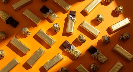 Assortment of golden wrapped chocolates and ferrero rocher candies scattered on a vibrant orange background, creating a festive and indulgent display