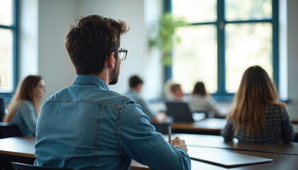Young man student listens to lecture in classroom. Sits at desk from behind during university lesson. Group of people get corporate education at business training conference for career development,