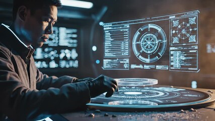 Engineer uses holographic interface in control room. Man works with futuristic technology. Engineer interacts with advanced HUD display. Man analyzes data on holographic screen. Technology and future. - Powered by Adobe