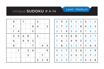 Sudoku puzzle with answer. Vector puzzle game with numbers for kids and adults. 9x9 sudoku Illustration on white background.