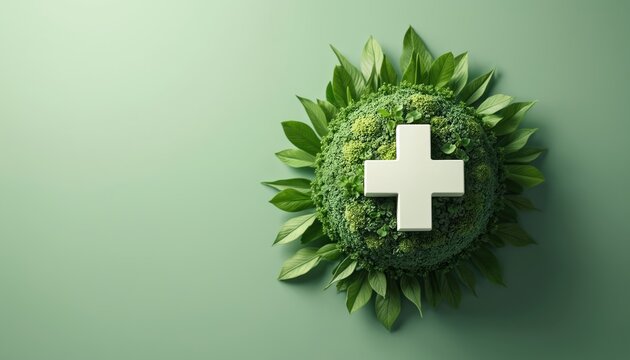 Eco friendly healthcare concept photo. Green leaves create a globe shape with medical cross. Represents health wellness eco balance. Ideal for medical studies environment and eco topics. - Powered by Adobe
