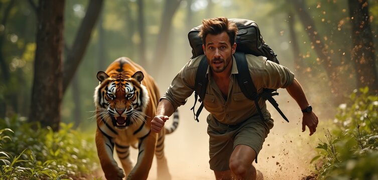 Man with backpack runs away from big tiger in jungle. Scared tourist flees from wild animal attack. Person in danger is trying to escape predator on forest trail, fighting for survival.