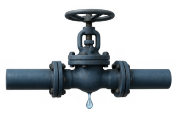Water pipe valve leaking a single drop, showing a plumbing failure needing maintenance and repair on transparent background