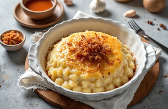 Baked potato pudding served in a white dish. It is topped with melted cheese and fried onions. A small bowl of sauce and garlic are nearby. The dish has a rustic presentation.