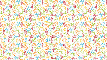 Seamless pattern with colorful dessert drawings including cake ice cream and sundae on white background