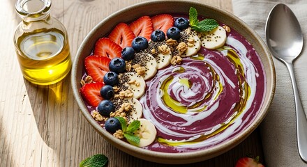 Vibrant acai bowl topped with fresh berries granola and banana