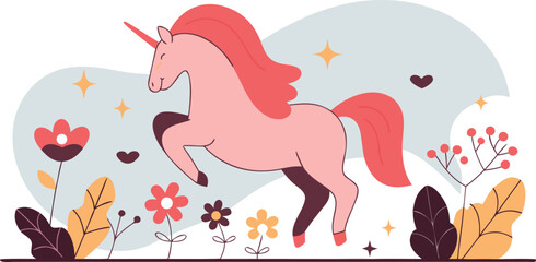 Whimsical pink unicorn prancing joyfully among flowers and shining stars art