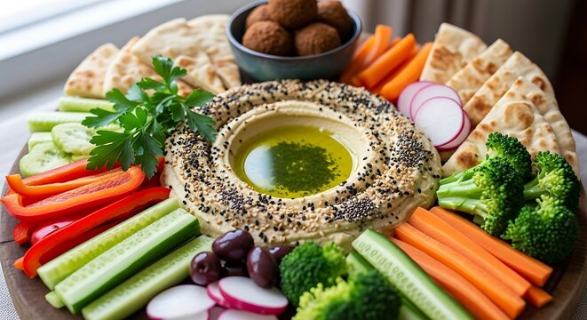 Healthy mediterranean mezze platter with hummus and fresh vegetables