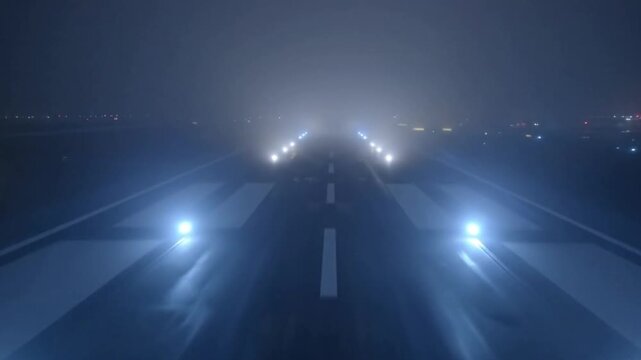Runway lights guiding an aircraft through fog and mist on a dark night