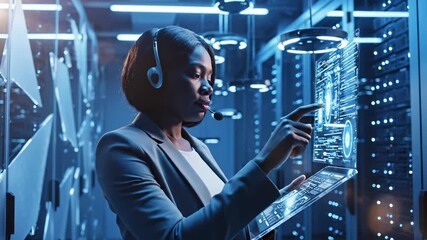Woman works with futuristic interface in data center. This female engineer uses a headset and tablet in server room. The woman works with data on a futuristic interface. Futuristic data and technology - Powered by Adobe