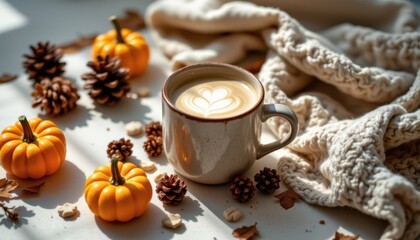 Fototapeta premium a cozy warm beverage arrangement showing a textured ceramic mug of frothy latte surrounded by pinecones, miniature pumpkins, and a soft woven blanket.