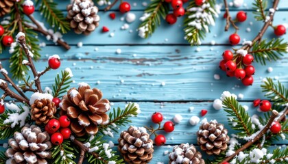 a serene winter holiday scene composed of snow kissed pinecones, frosted evergreen branches, soft red berries, and a rustic icy blue wooden backdrop.