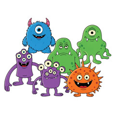 A lively group of colorful cartoon monster characters featuring big eyes and funny expressions are standing together in a flat 2D style vector illustration isolated on white.