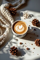 a warm holiday beverage scene created with a creamy latte cup surrounded by pinecones, fabric textures, and natural shadows cast by sunlight across a smooth surface.