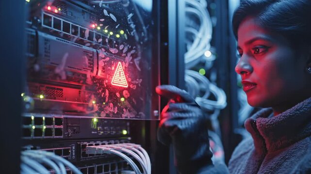 IT engineer works on a server error in a data center. The woman points to a red warning light on a server rack. This engineer is solving a network problem. A data center server has an error.