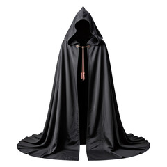 Naklejka premium Black hooded cloak a dramatic flowing garment ideal for cosplay fantasy or theatrical productions Isolated on transparent background, png