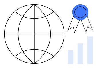 Global business concept. globalization, progress tracking, and achievements with a globe, badge, and bar chart. Global business for marketing, education, analytics teamwork innovation