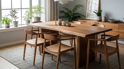 Obraz premium Bright Dining Room with Wooden Table and Chairs.
