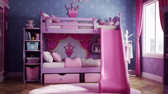 Brightly colored children's bedroom featuring a tall bunk bed with pink slide and purple decor