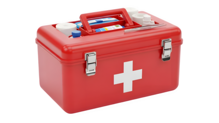 Red first aid kit box with white cross on black background