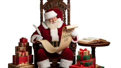 Santa claus reading a christmas list in his chair with gifts around