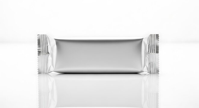 Blank silver foil wrapper for a candy bar or snack, isolated on white background