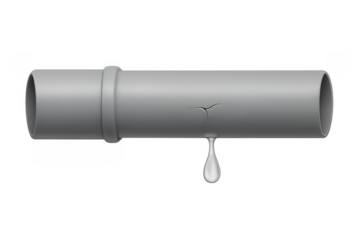 Grey pipe leaking water from a crack, showing plumbing damage and needing repair on a transparent background