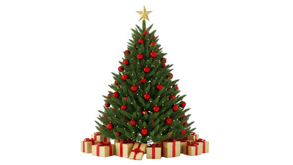 Fototapeta premium Festive christmas tree with red ornaments and golden star on black background